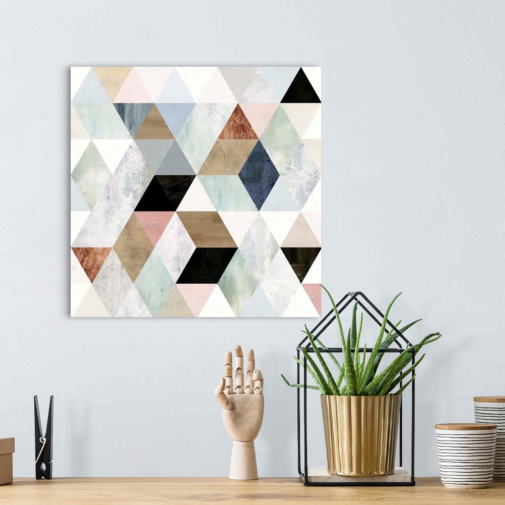 A bohemian room featuring This contemporary artwork features painted textures in various colors arranged in a geometric des...