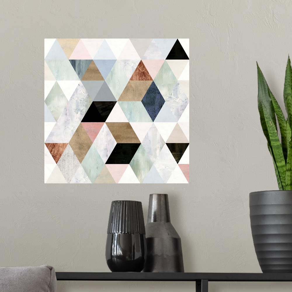 A modern room featuring This contemporary artwork features painted textures in various colors arranged in a geometric des...