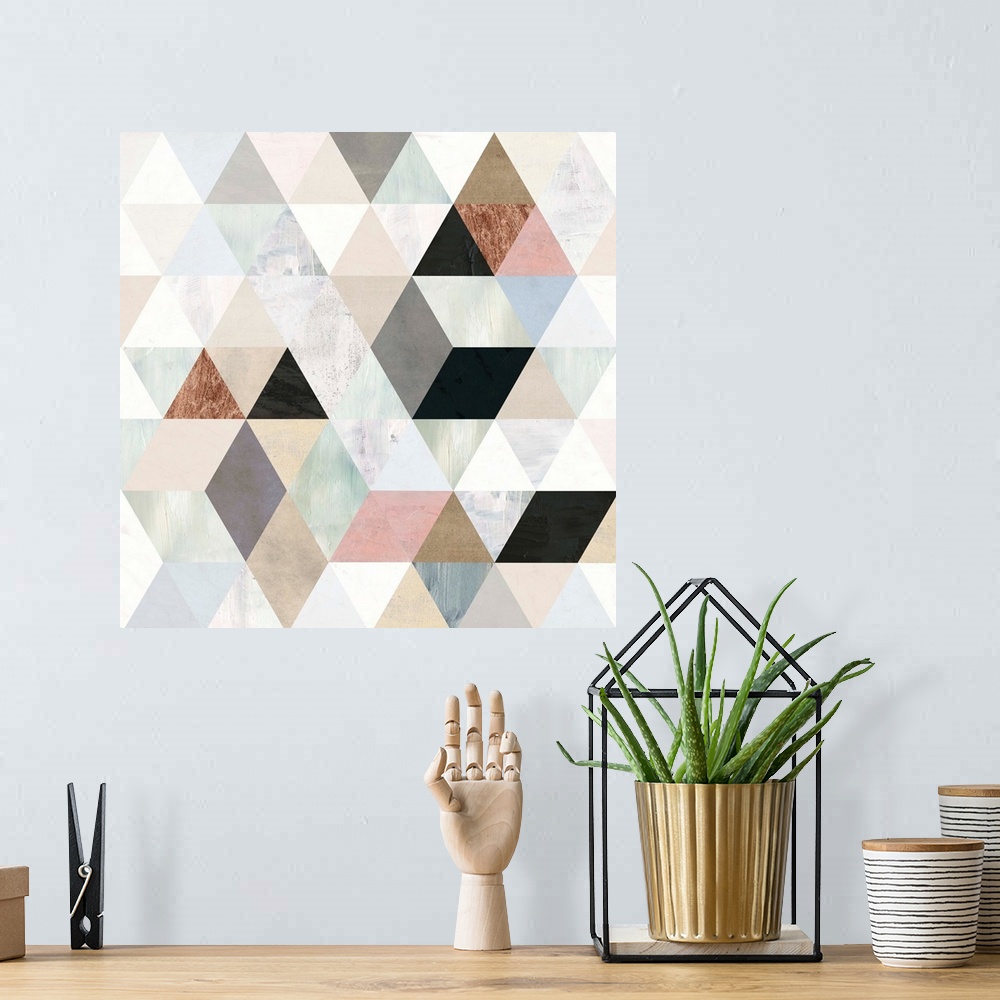 A bohemian room featuring This contemporary artwork features painted textures in various colors arranged in a geometric des...