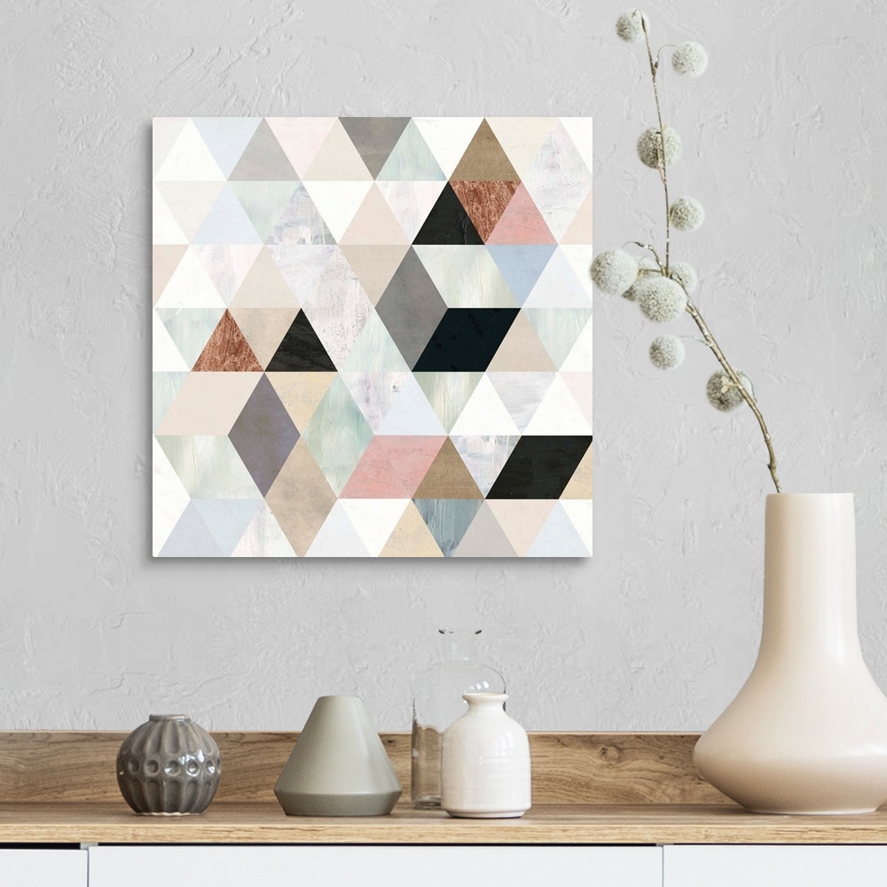 A farmhouse room featuring This contemporary artwork features painted textures in various colors arranged in a geometric des...