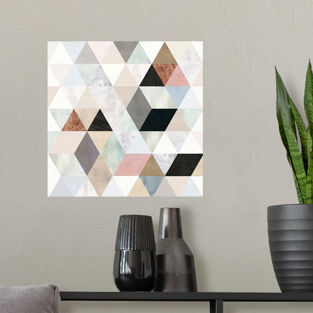 A modern room featuring This contemporary artwork features painted textures in various colors arranged in a geometric des...