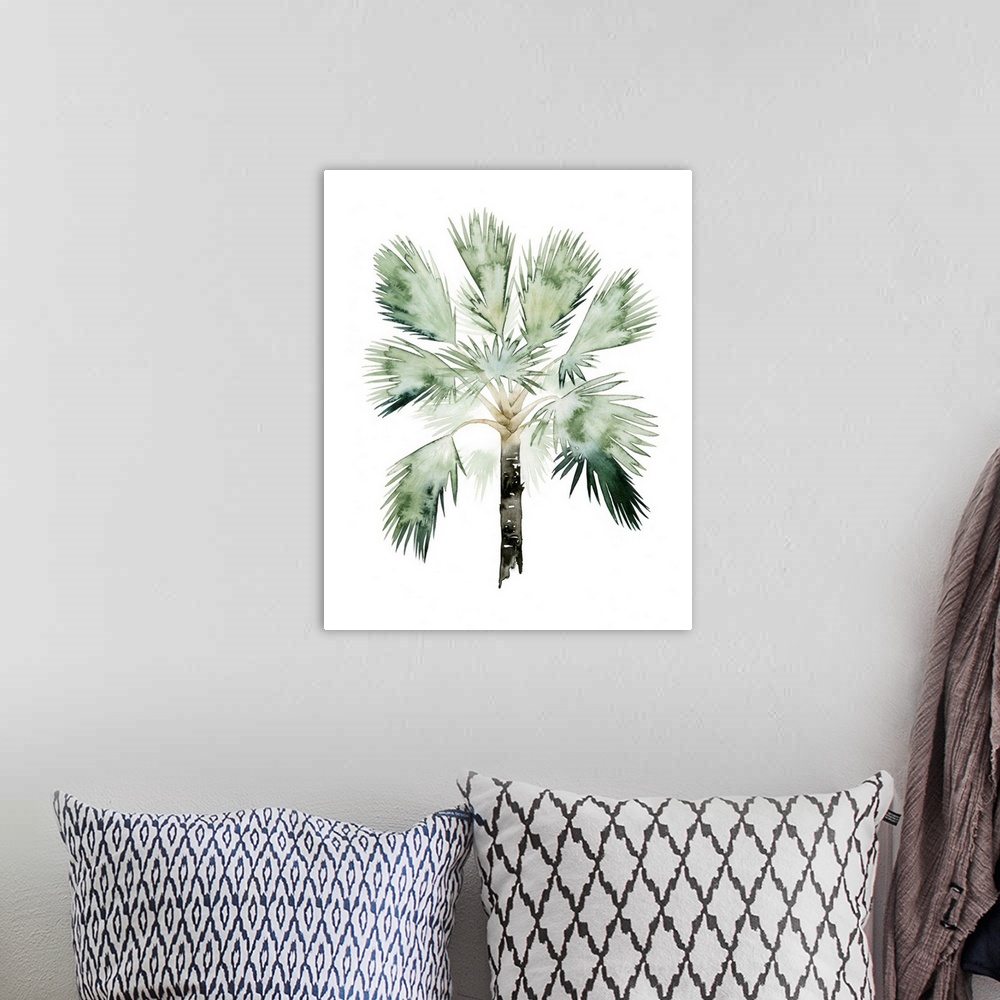 A bohemian room featuring Watercolor artwork of a palm tree with broad green fronds.