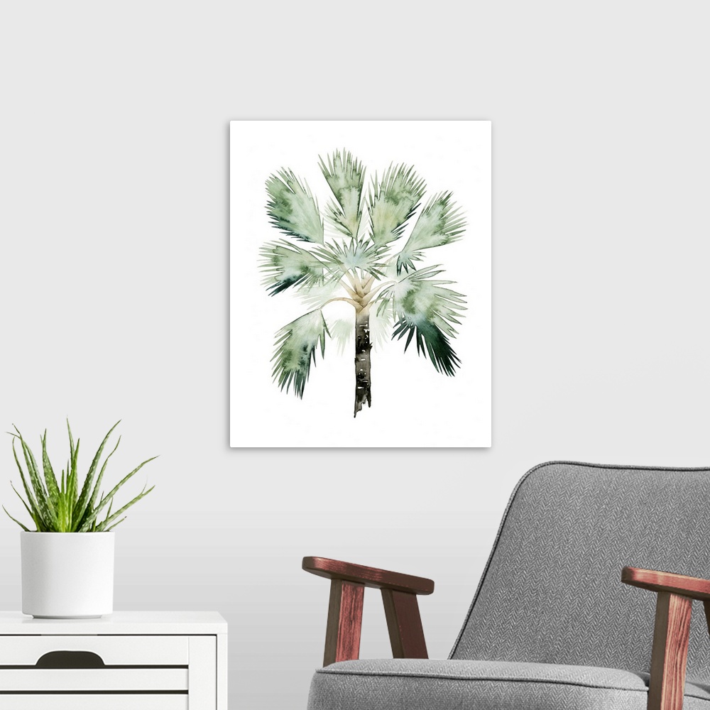 A modern room featuring Watercolor artwork of a palm tree with broad green fronds.