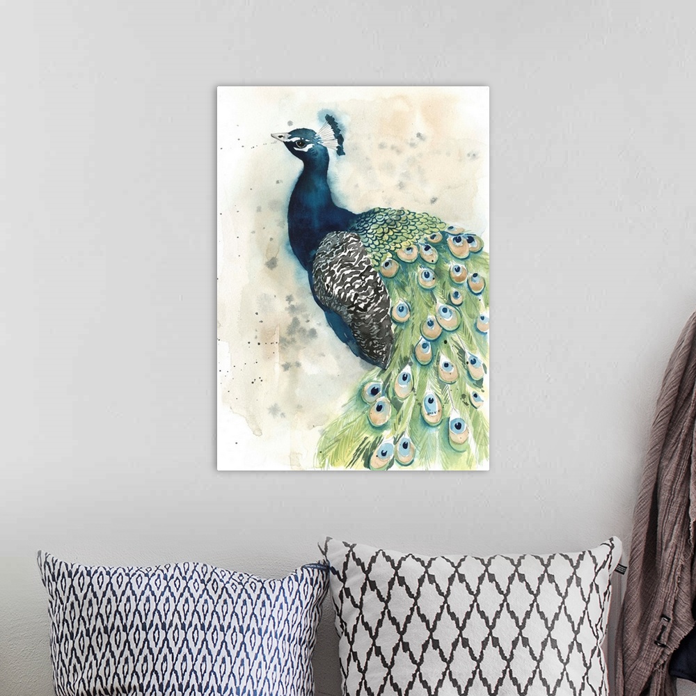 A bohemian room featuring Contemporary watercolor peacock against a neutral background.
