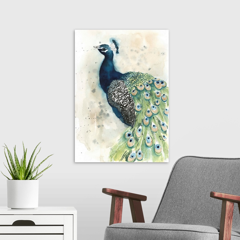 A modern room featuring Contemporary watercolor peacock against a neutral background.