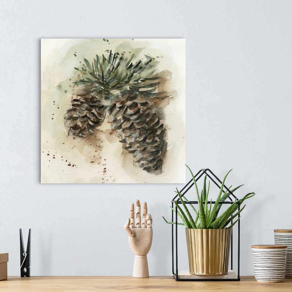 A bohemian room featuring Watercolor Pinecone Study I
