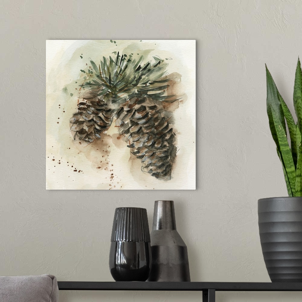 A modern room featuring Watercolor Pinecone Study I