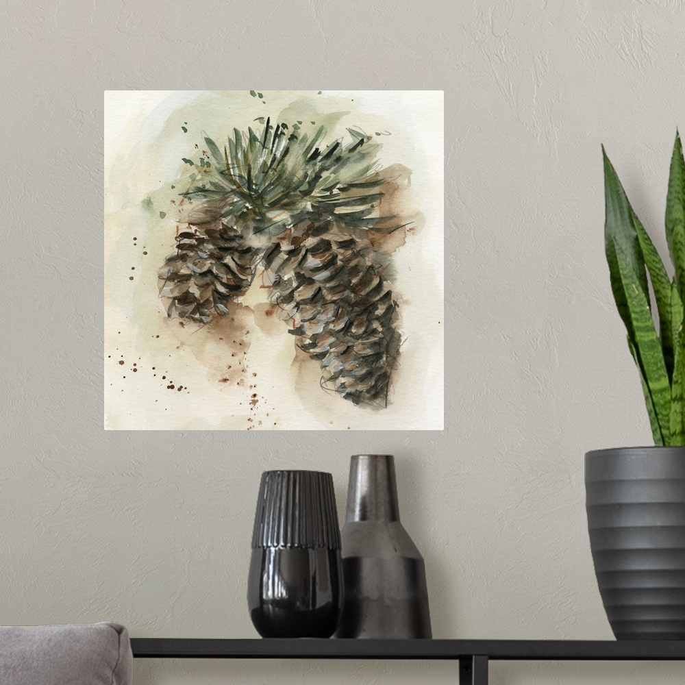 A modern room featuring Watercolor Pinecone Study I