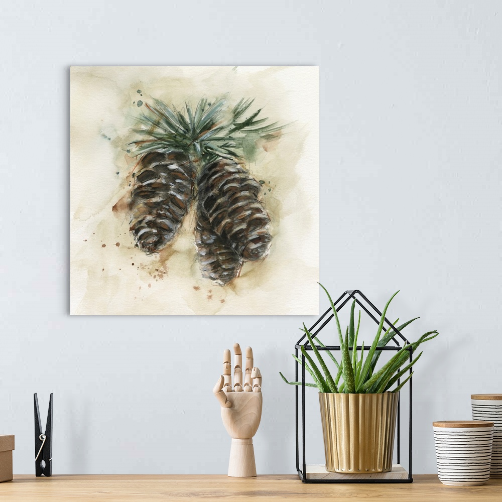 A bohemian room featuring Watercolor Pinecone Study II