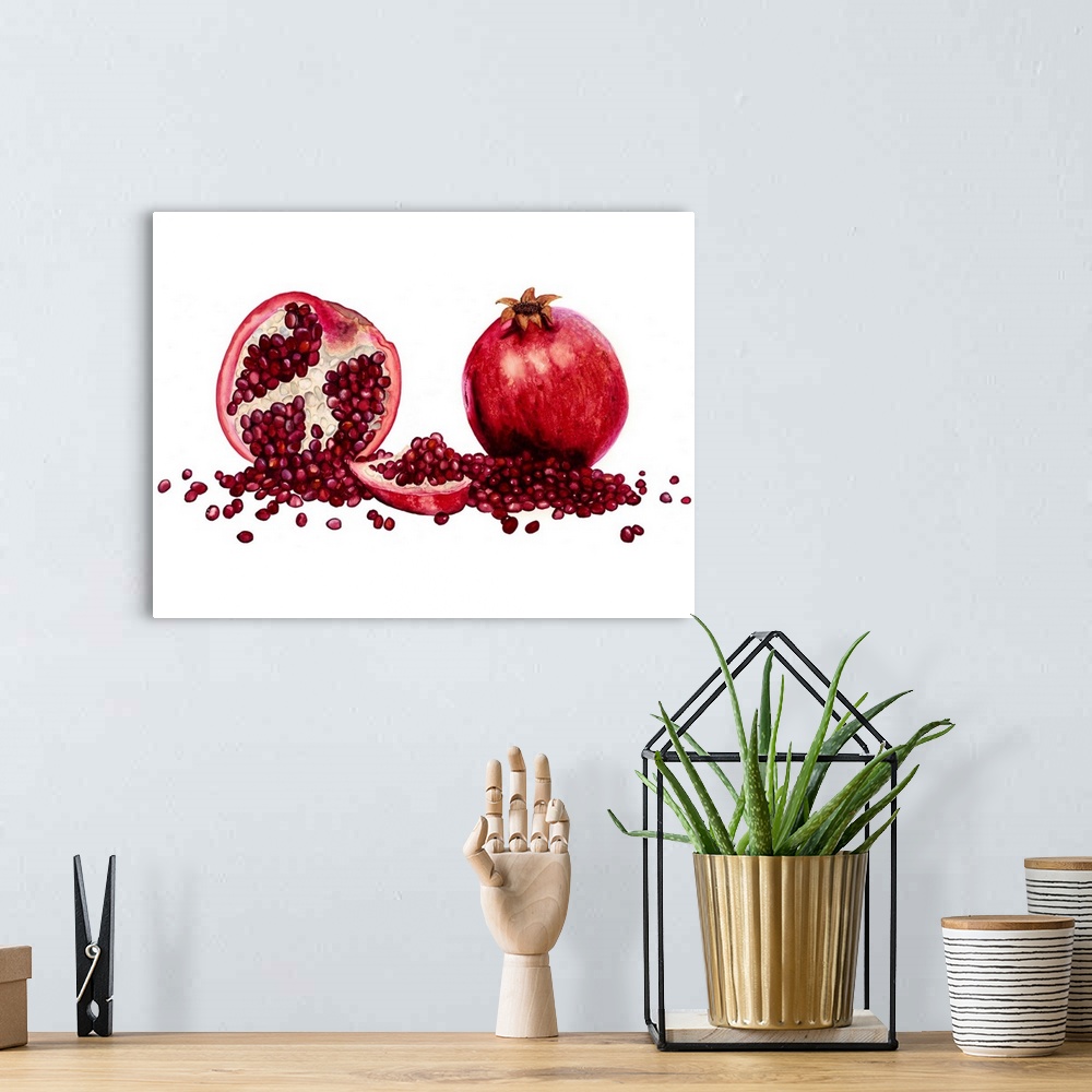 A bohemian room featuring Watercolor painting of a whole and halved pomegranate against a white background.