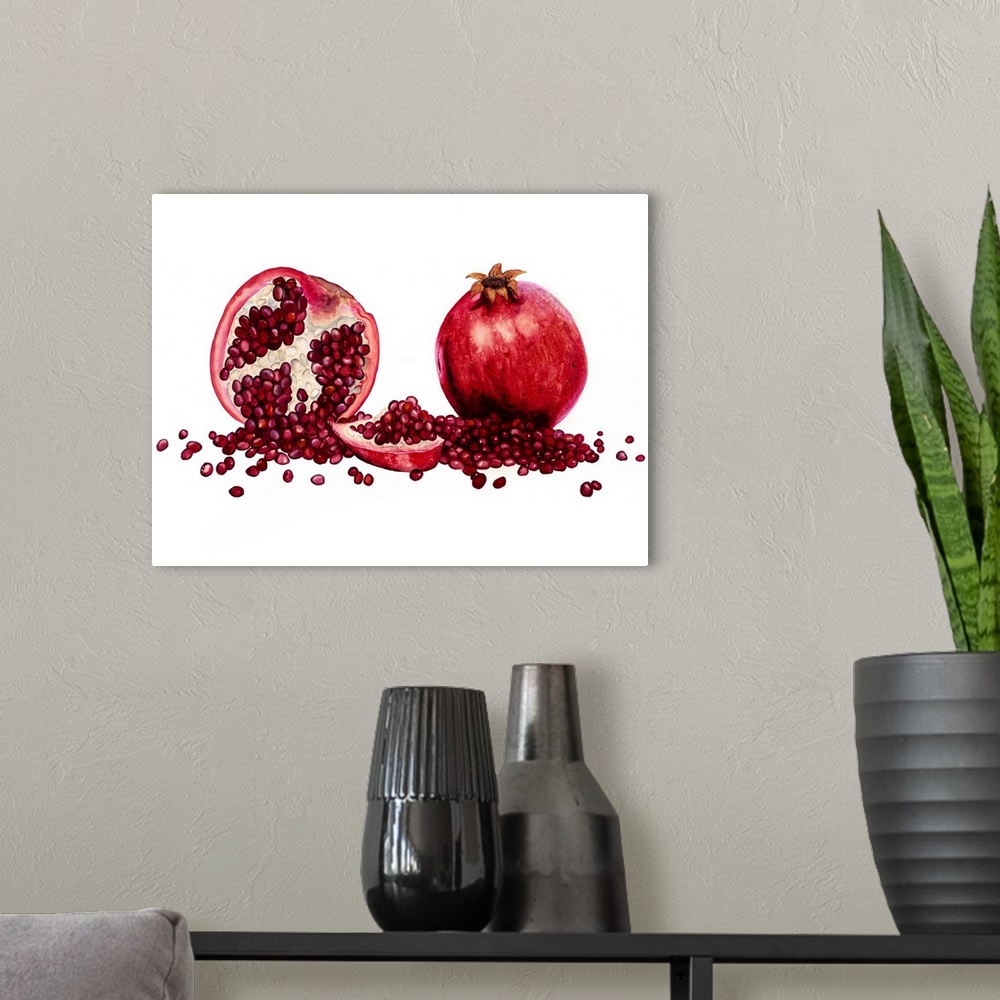 A modern room featuring Watercolor painting of a whole and halved pomegranate against a white background.
