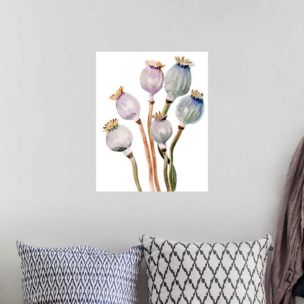 A bohemian room featuring Watercolor Poppy Pods I