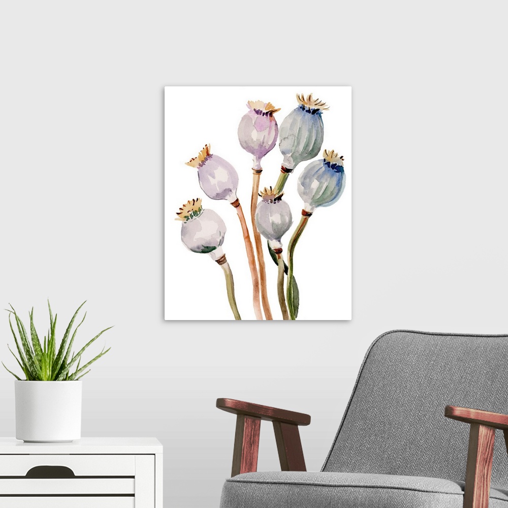 A modern room featuring Watercolor Poppy Pods I