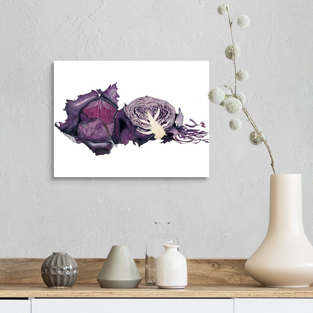 A farmhouse room featuring Watercolor painting of a whole and halved purple cabbage against a white background.
