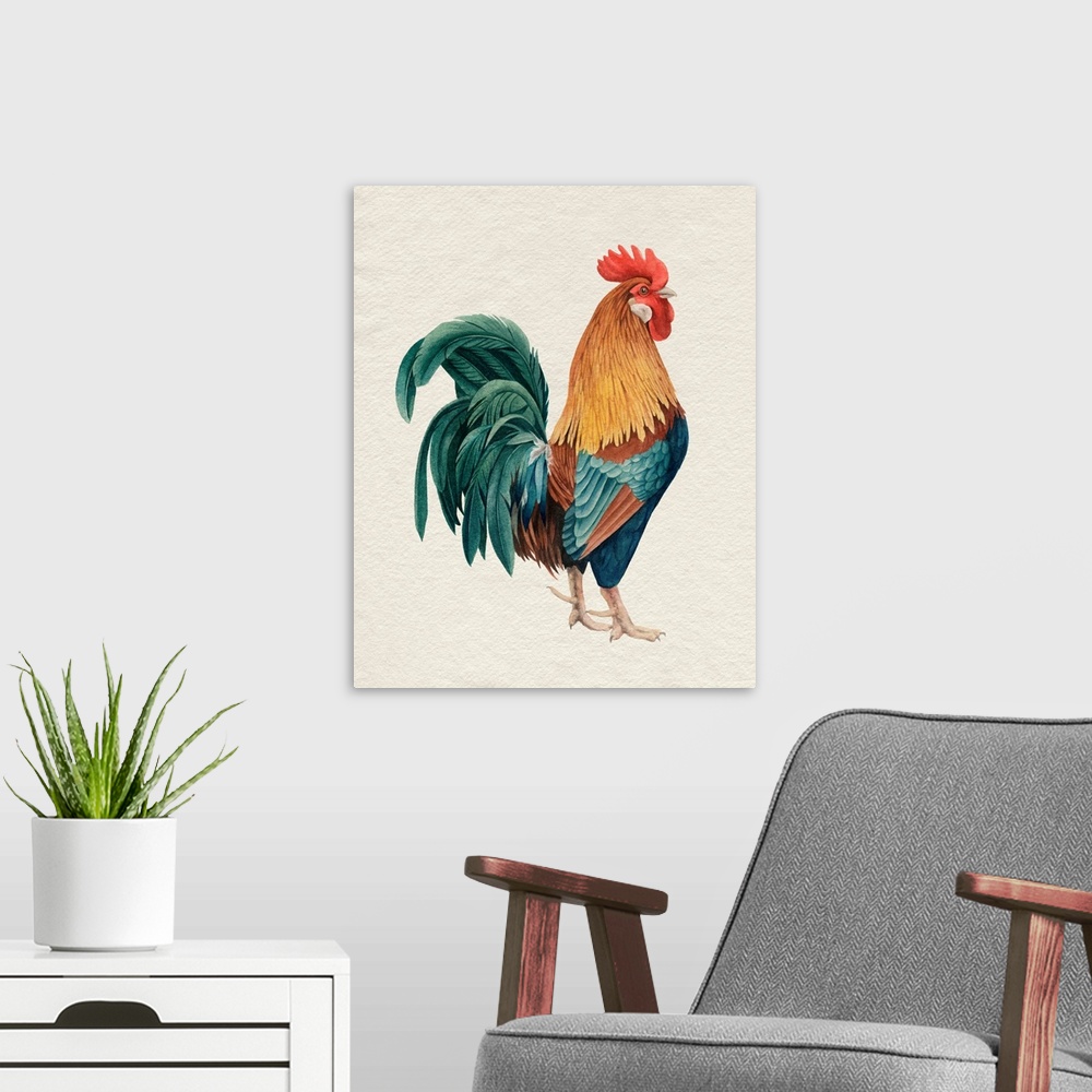 A modern room featuring Watercolor Rooster I
