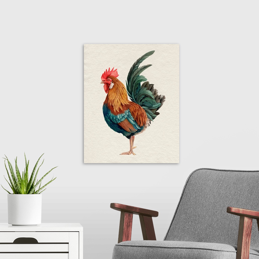 A modern room featuring Watercolor Rooster II