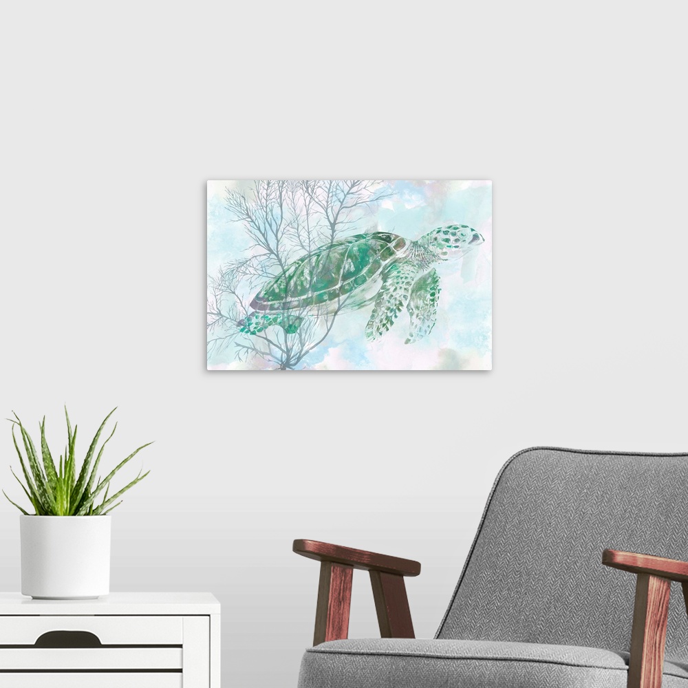 A modern room featuring Watercolor Sea Turtle I