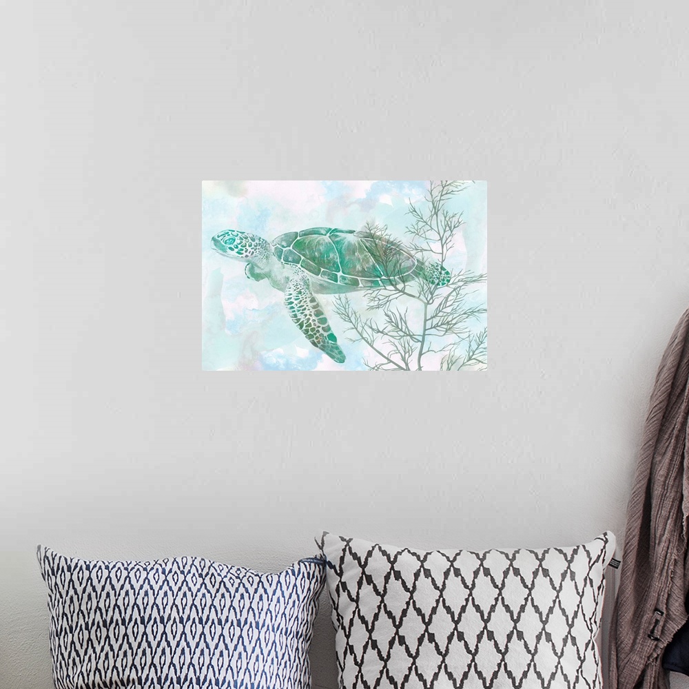 A bohemian room featuring Watercolor Sea Turtle II