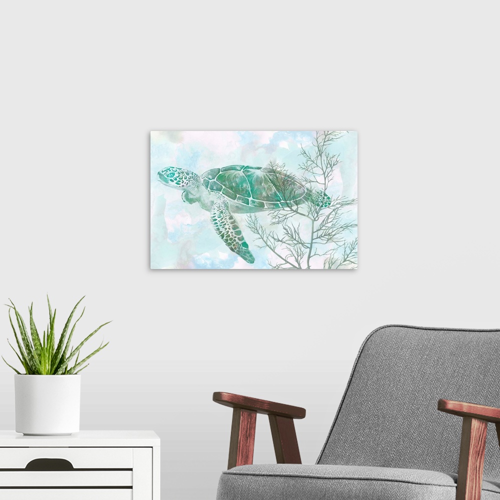 A modern room featuring Watercolor Sea Turtle II