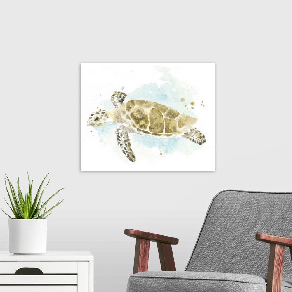 A modern room featuring Watercolor Sea Turtle Study II