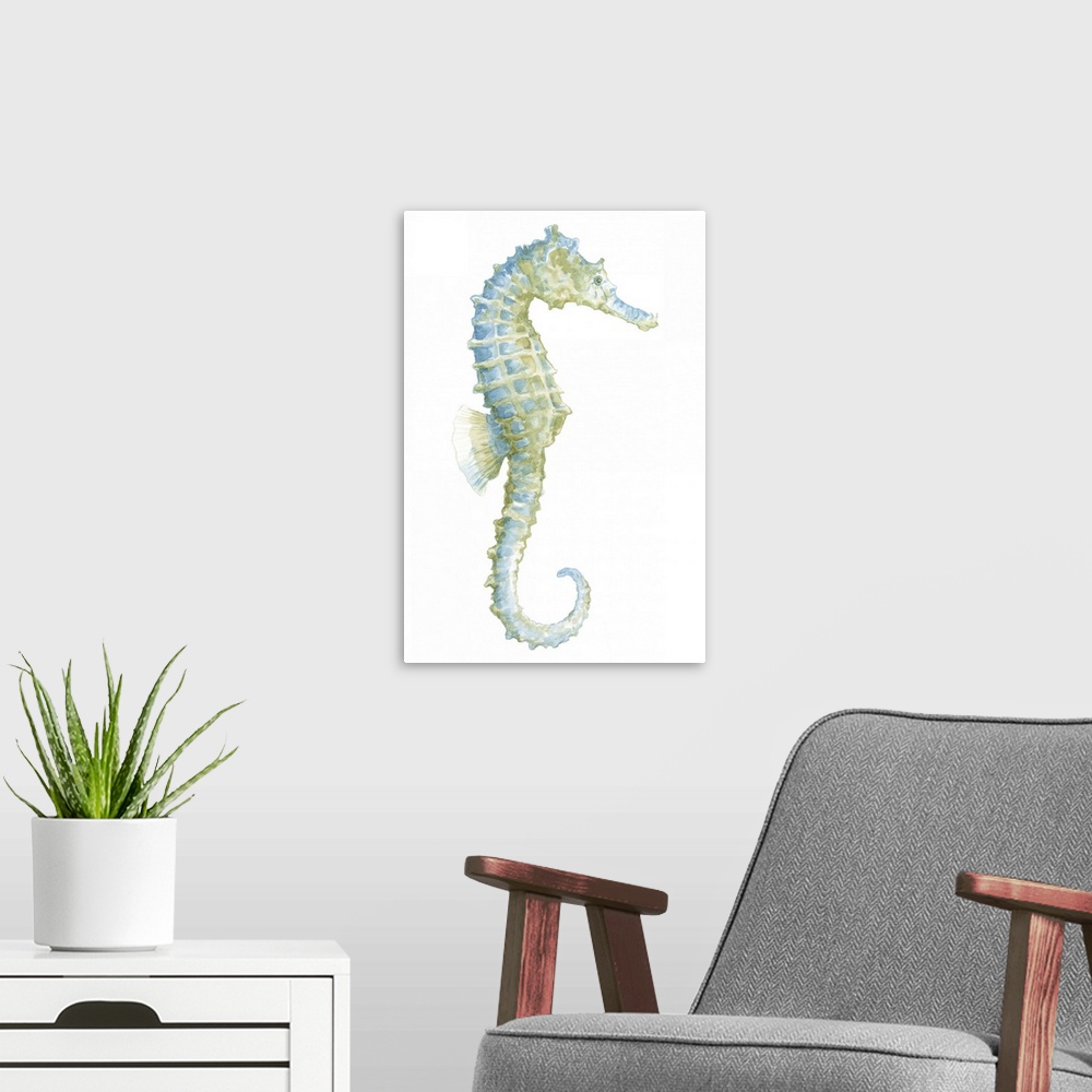 A modern room featuring Watercolor Seahorse I