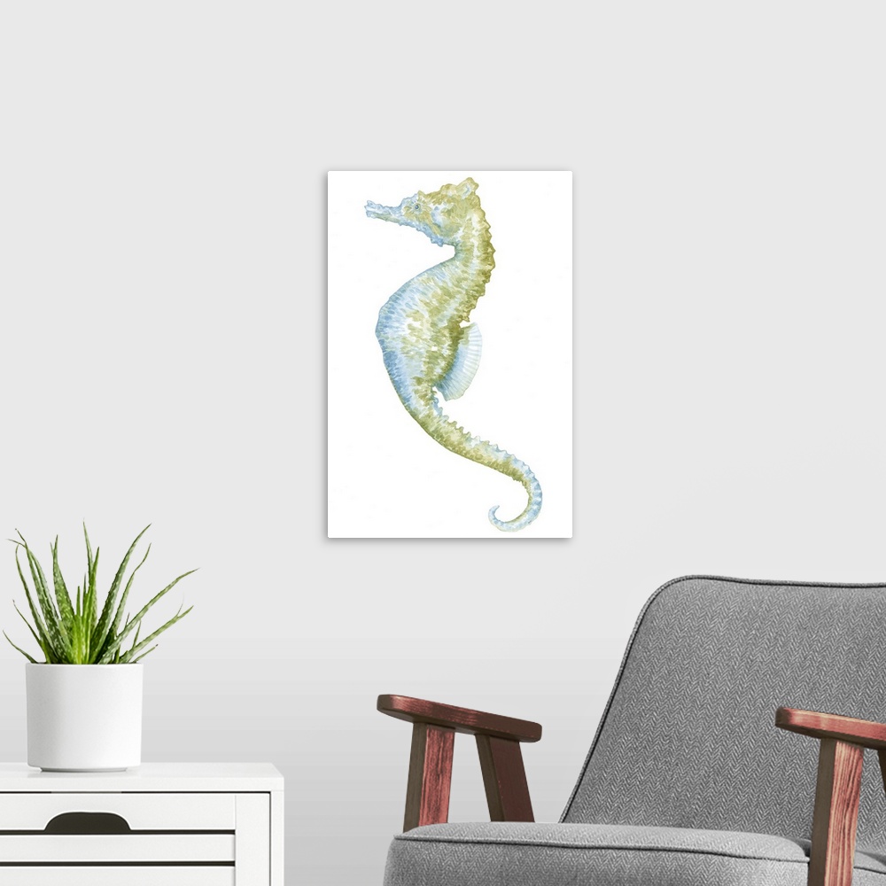 A modern room featuring Watercolor Seahorse II