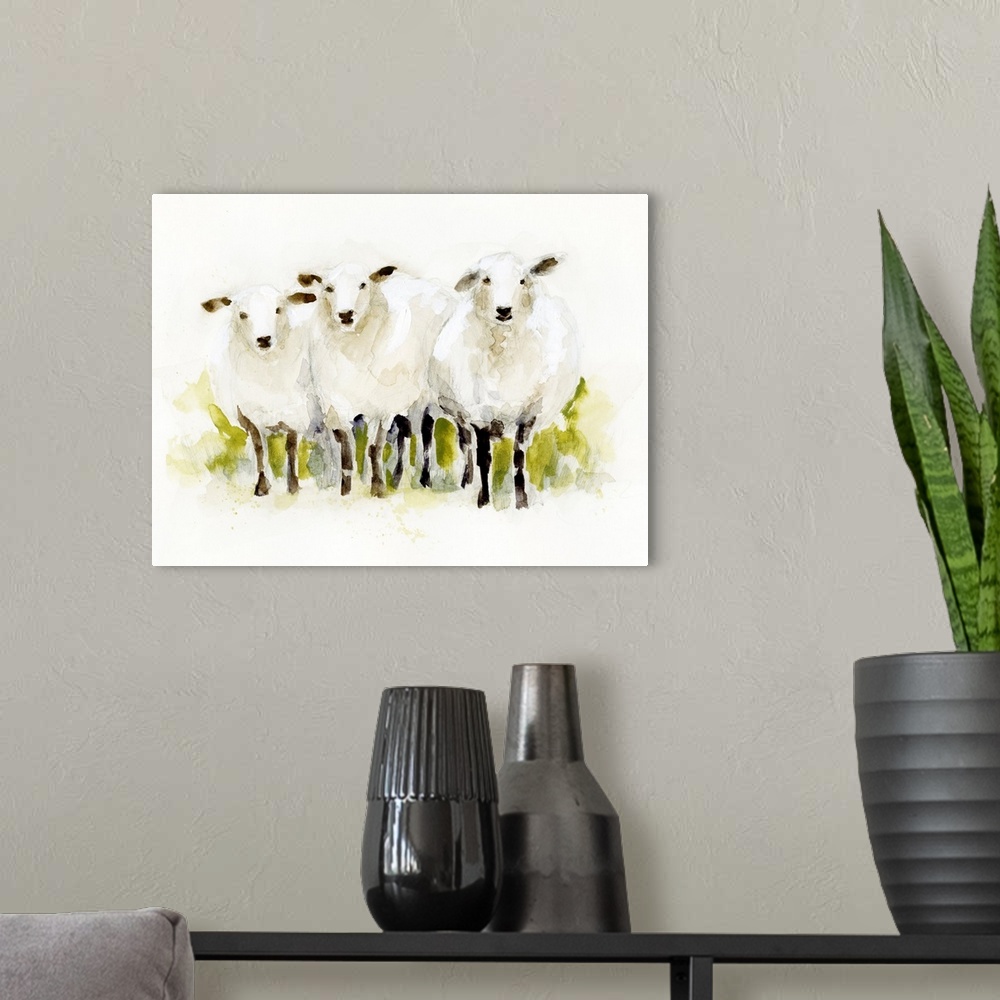 A modern room featuring Watercolor Sheep Trio I