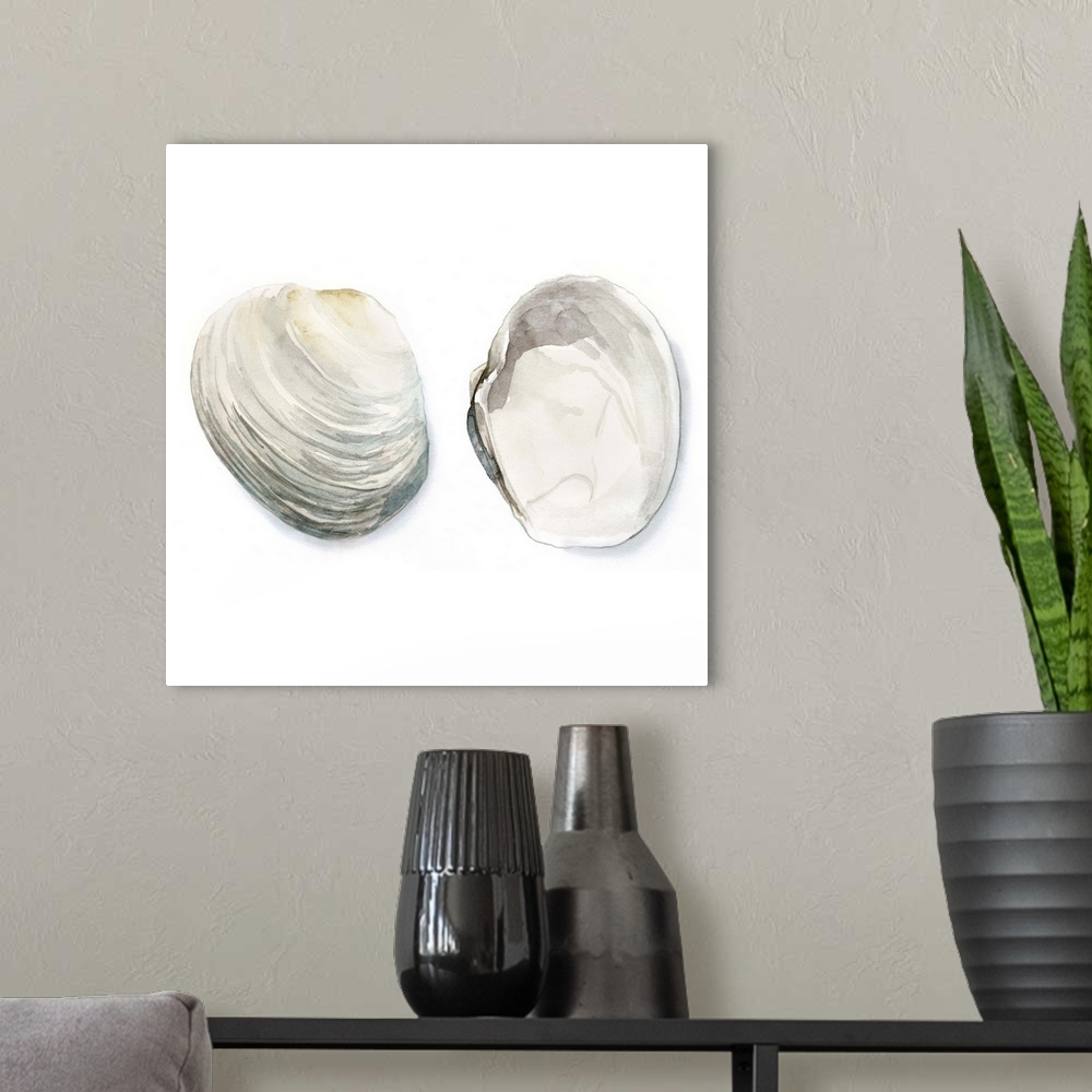 A modern room featuring Watercolor painting of two seashells.