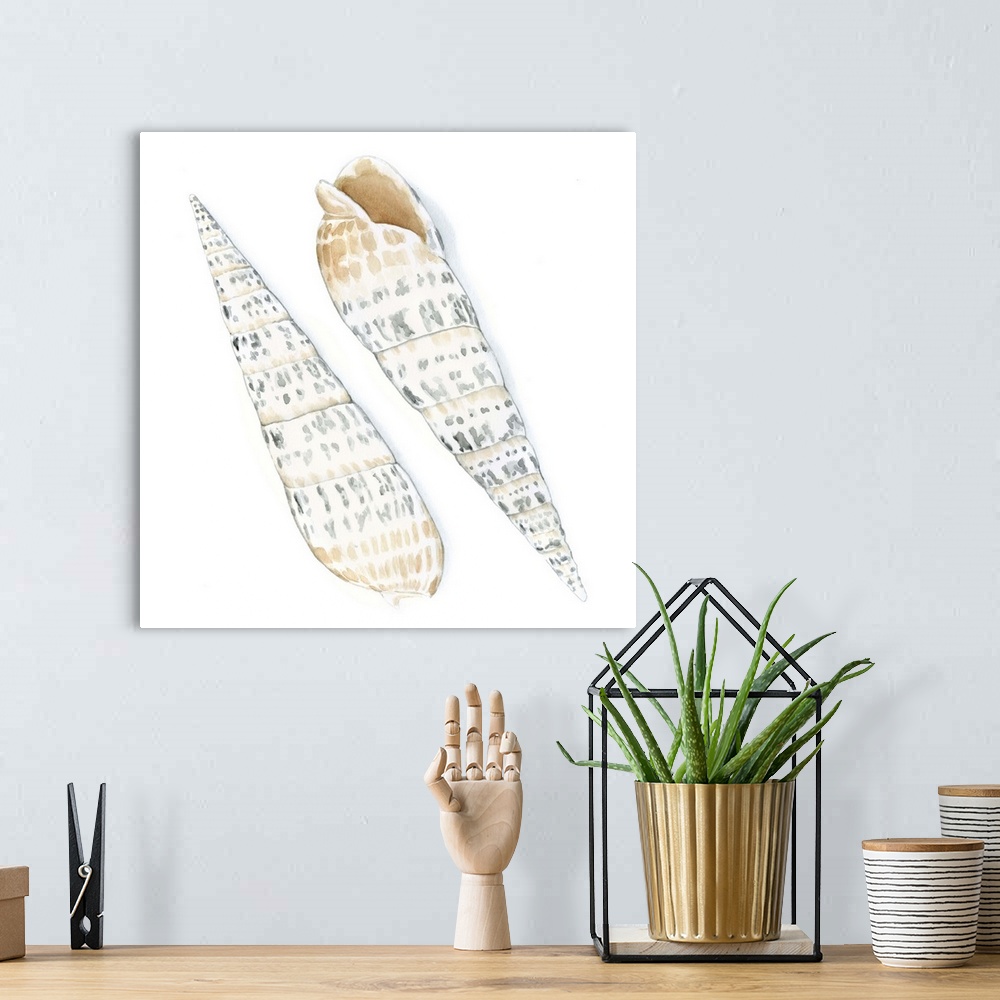 A bohemian room featuring Watercolor painting of two seashells.