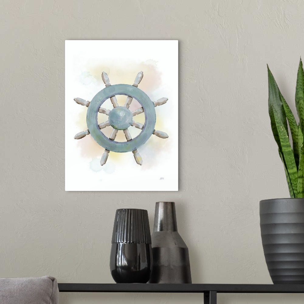 A modern room featuring Nautical watercolor painting of a ship's wheel in blue tones.