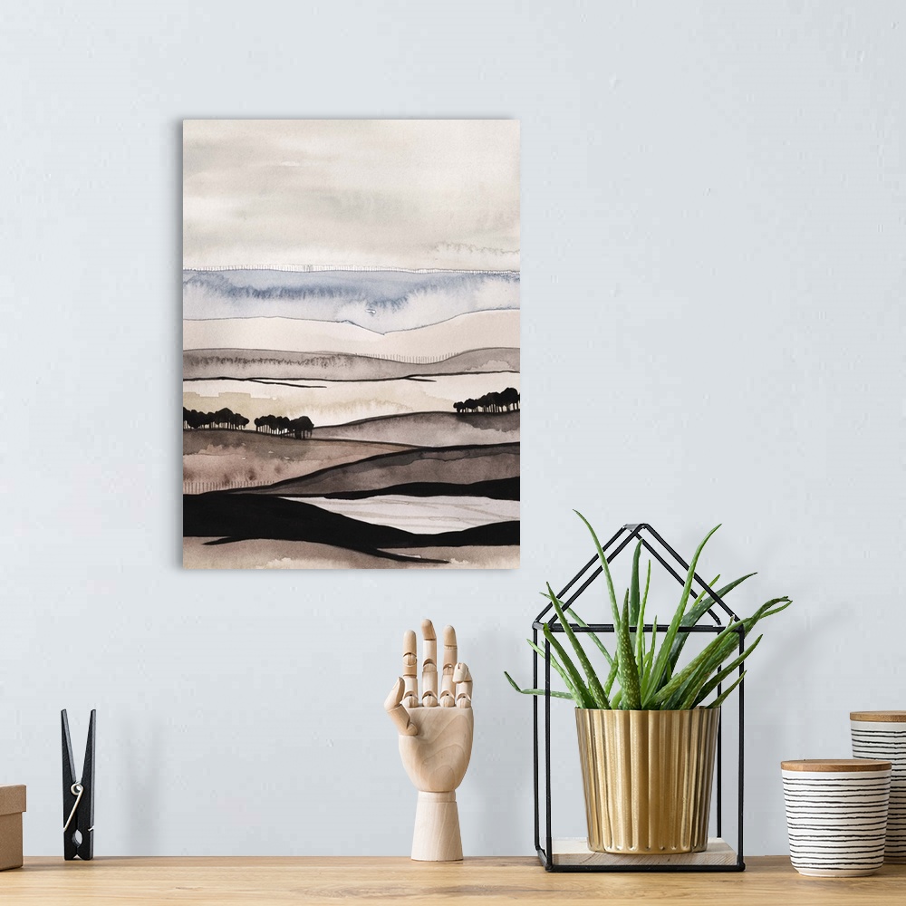 A bohemian room featuring Contemporary watercolor abstract painting showing layers of wavy lines resembling a hilly landscape.