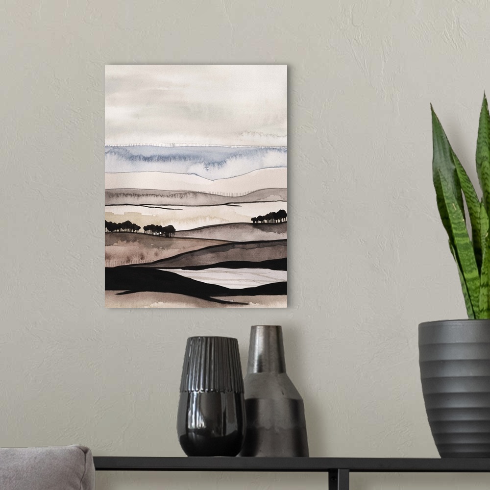 A modern room featuring Contemporary watercolor abstract painting showing layers of wavy lines resembling a hilly landscape.