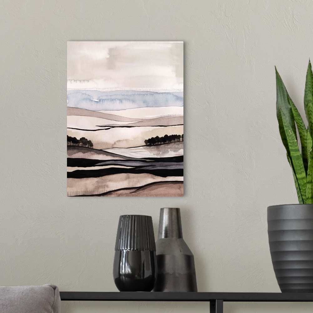 A modern room featuring Contemporary watercolor abstract painting showing layers of wavy lines resembling a hilly landscape.