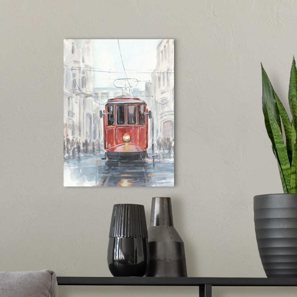 A modern room featuring Watercolor Streetcar Study I