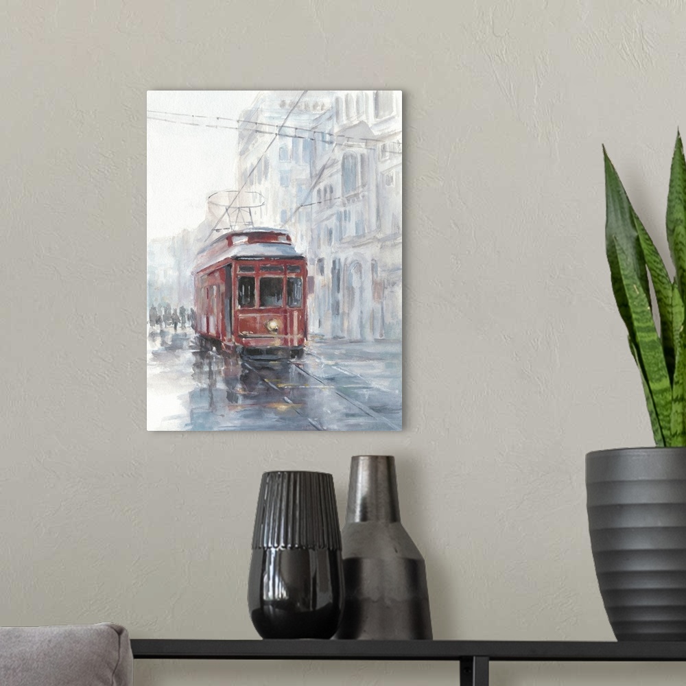 A modern room featuring Watercolor Streetcar Study II