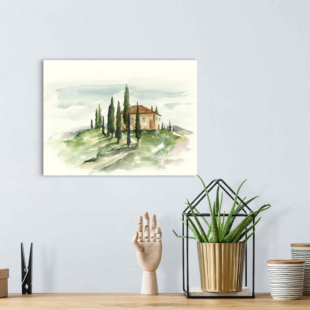 A bohemian room featuring This watercolor artwork illustrates the beauty and simplicity of a Tuscan countryside with contra...