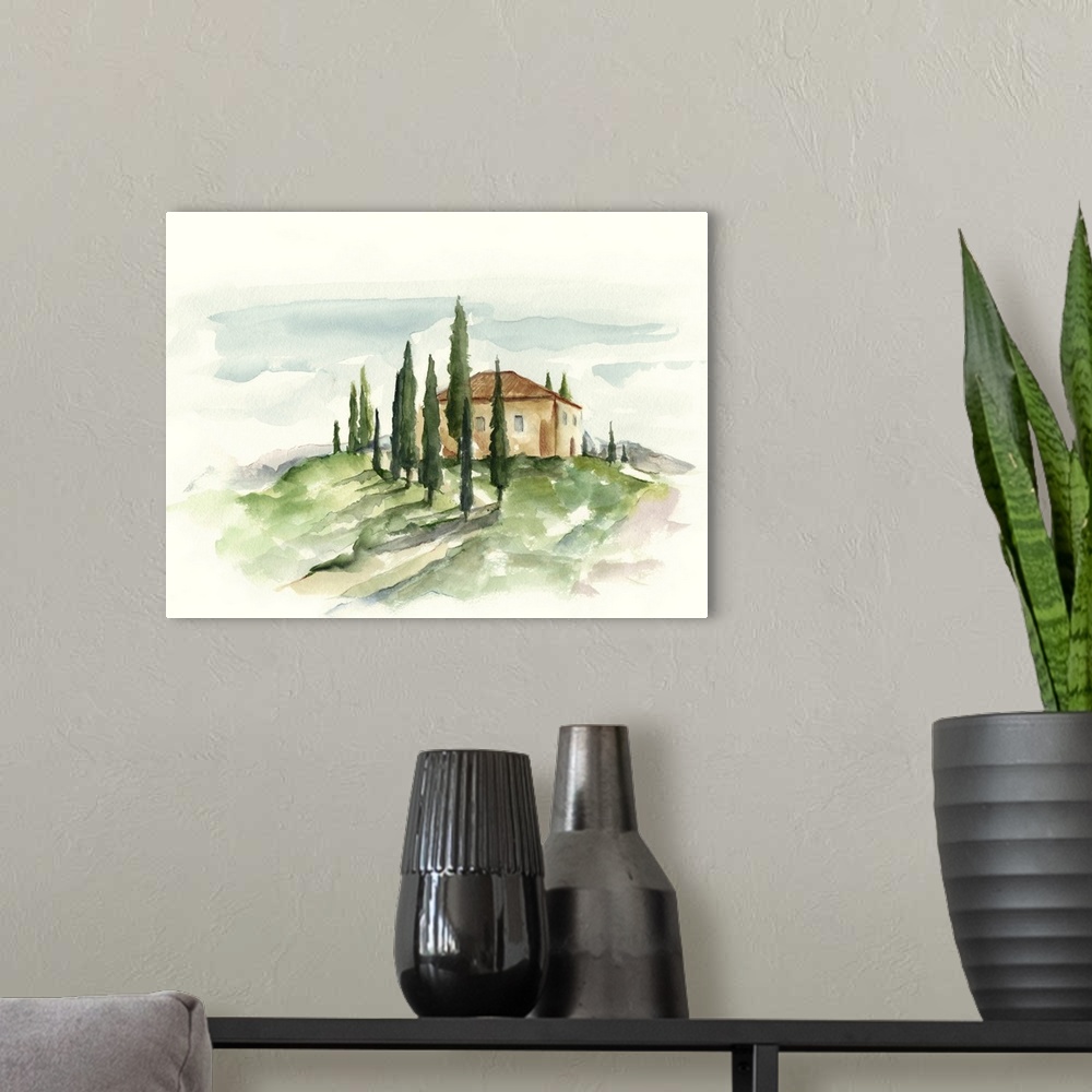 A modern room featuring This watercolor artwork illustrates the beauty and simplicity of a Tuscan countryside with contra...