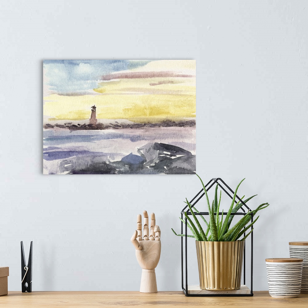 A bohemian room featuring Contemporary watercolor landscape of the ocean and a lighthouse in the distance.