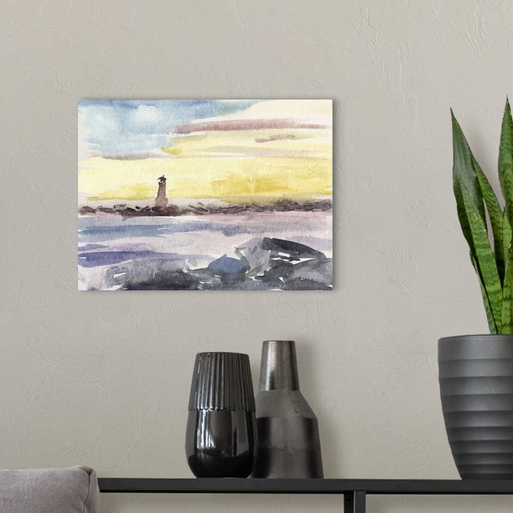 A modern room featuring Contemporary watercolor landscape of the ocean and a lighthouse in the distance.