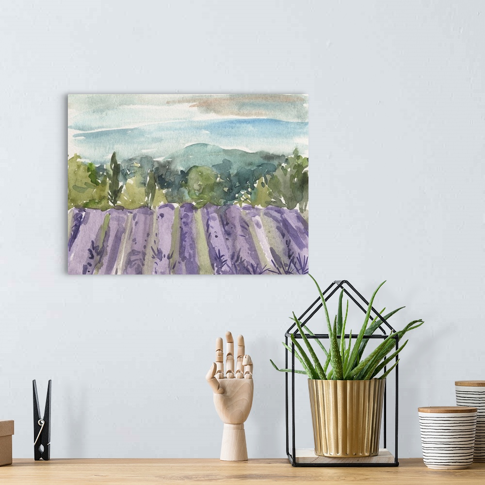 A bohemian room featuring Contemporary watercolor landscape of a field of purple wildflowers.