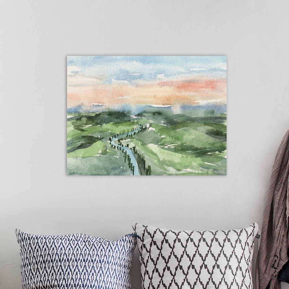 A bohemian room featuring Contemporary watercolor landscape of a river running through a hilly landscape.