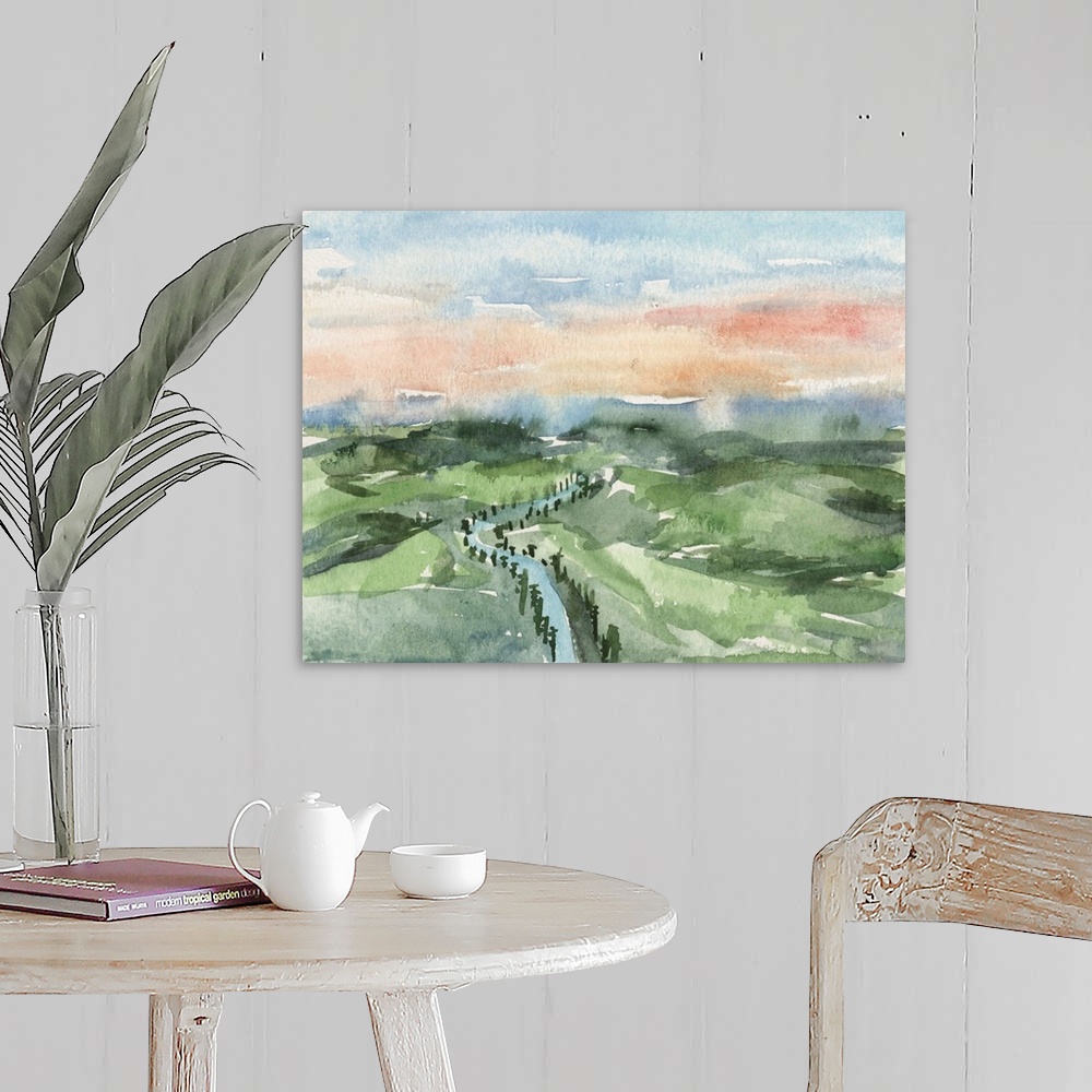 A farmhouse room featuring Contemporary watercolor landscape of a river running through a hilly landscape.
