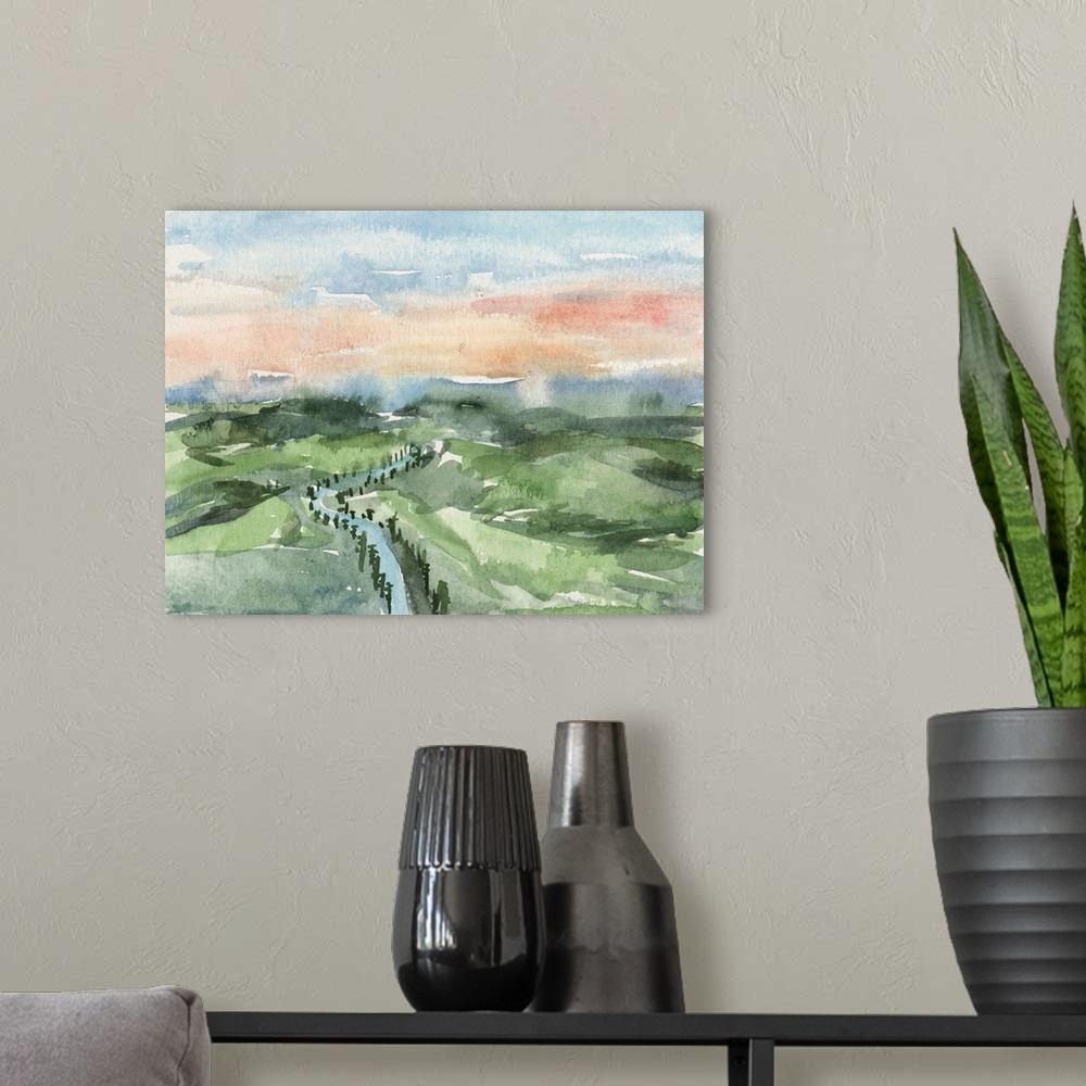 A modern room featuring Contemporary watercolor landscape of a river running through a hilly landscape.