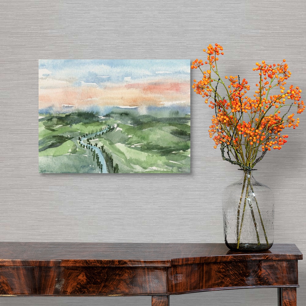A traditional room featuring Contemporary watercolor landscape of a river running through a hilly landscape.