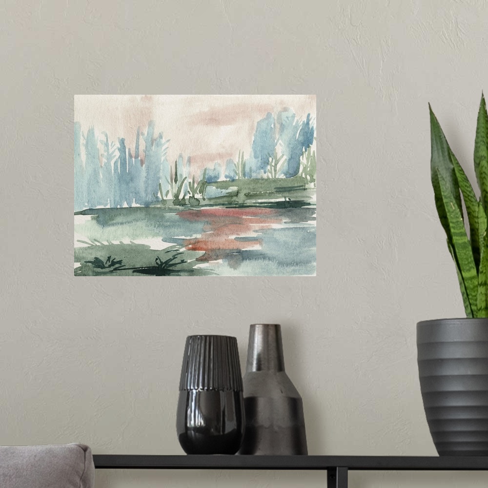 A modern room featuring Contemporary watercolor landscape of a grassy area with a forest of trees in the distance.