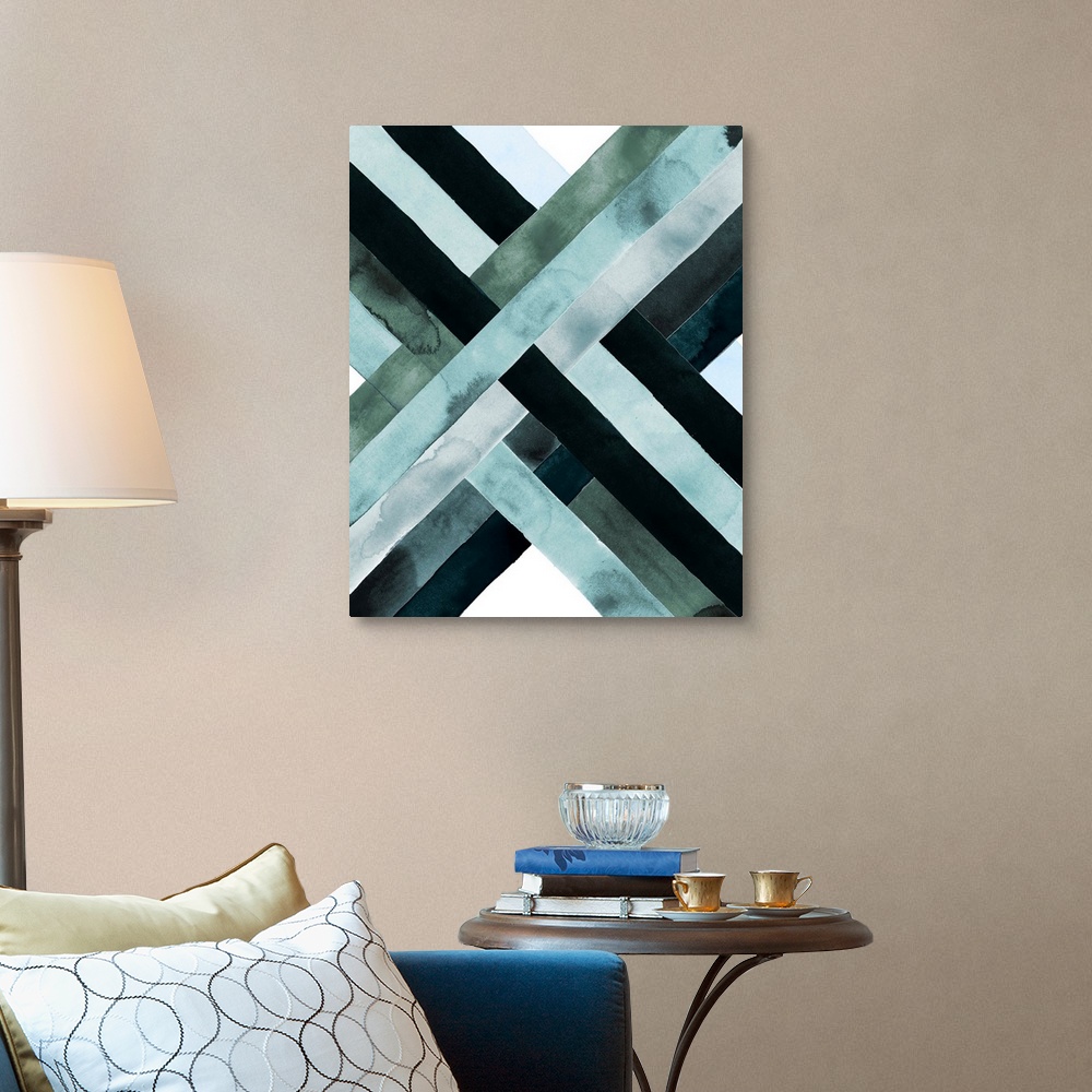 A traditional room featuring Abstract watercolor artwork of woven bands in black and blue shades, forming an X shape.