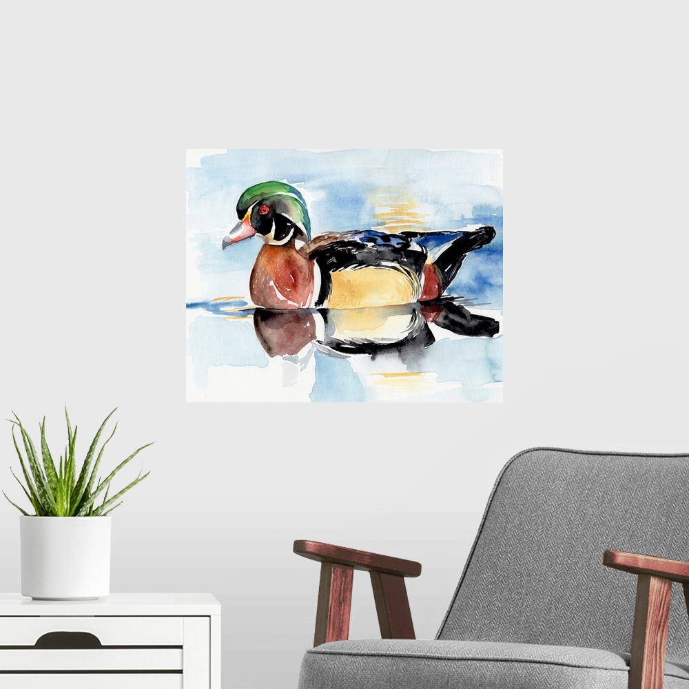 A modern room featuring Watercolor Woodduck I
