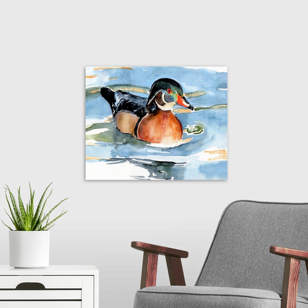 A modern room featuring Watercolor Woodduck II