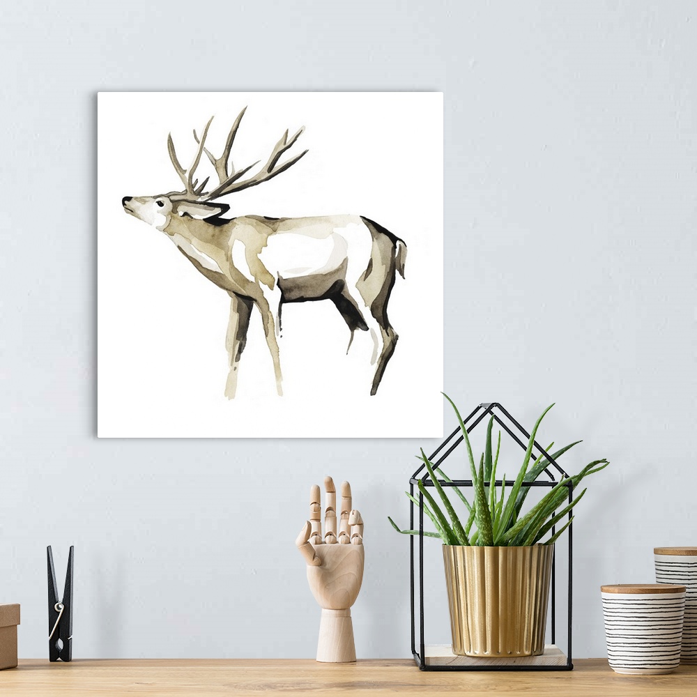 A bohemian room featuring Watercolor painting of an elk against a white background.
