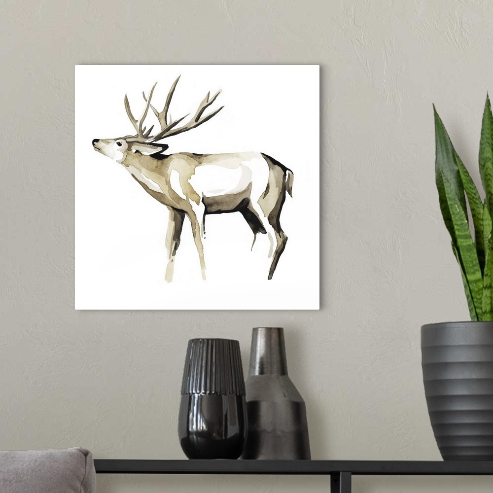 A modern room featuring Watercolor painting of an elk against a white background.